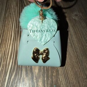 Teal Purse Bag Charm Keychain with Pom-Pom  with Gold Bow Accent